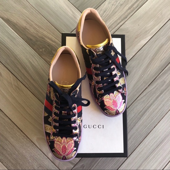 Rare GUCCI Brocade Floral Purple Sneakers Aces 6.5 - Picture 2 of 8
